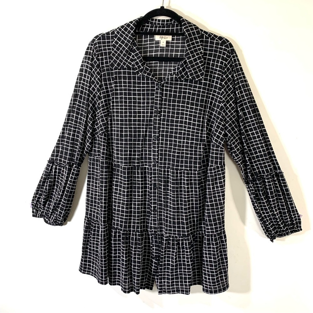 Style & Co windowpane Plaid Tiered Top 2/$35